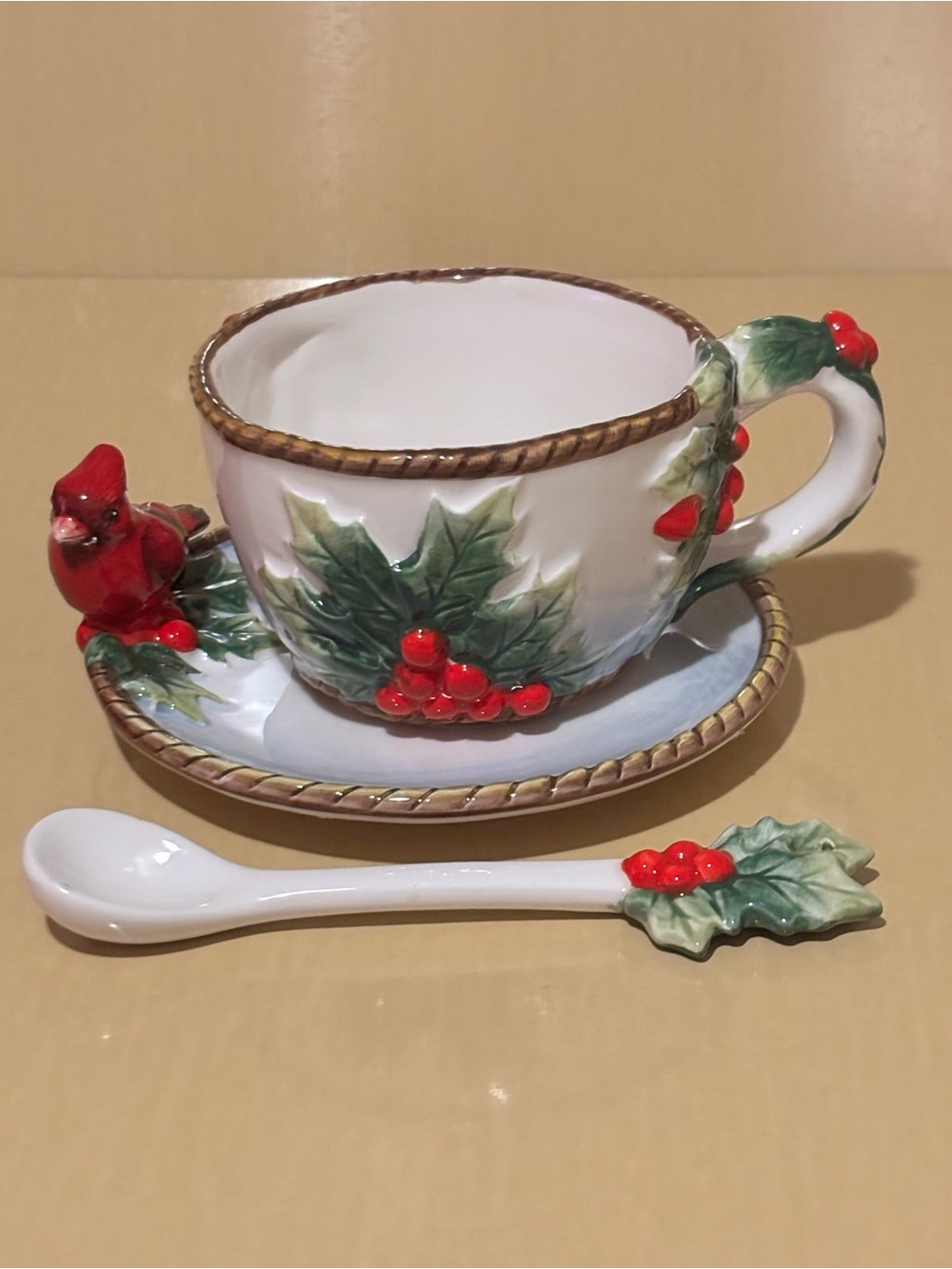 Christmas Holly Teacup Saucer Spoon Set Cardinal